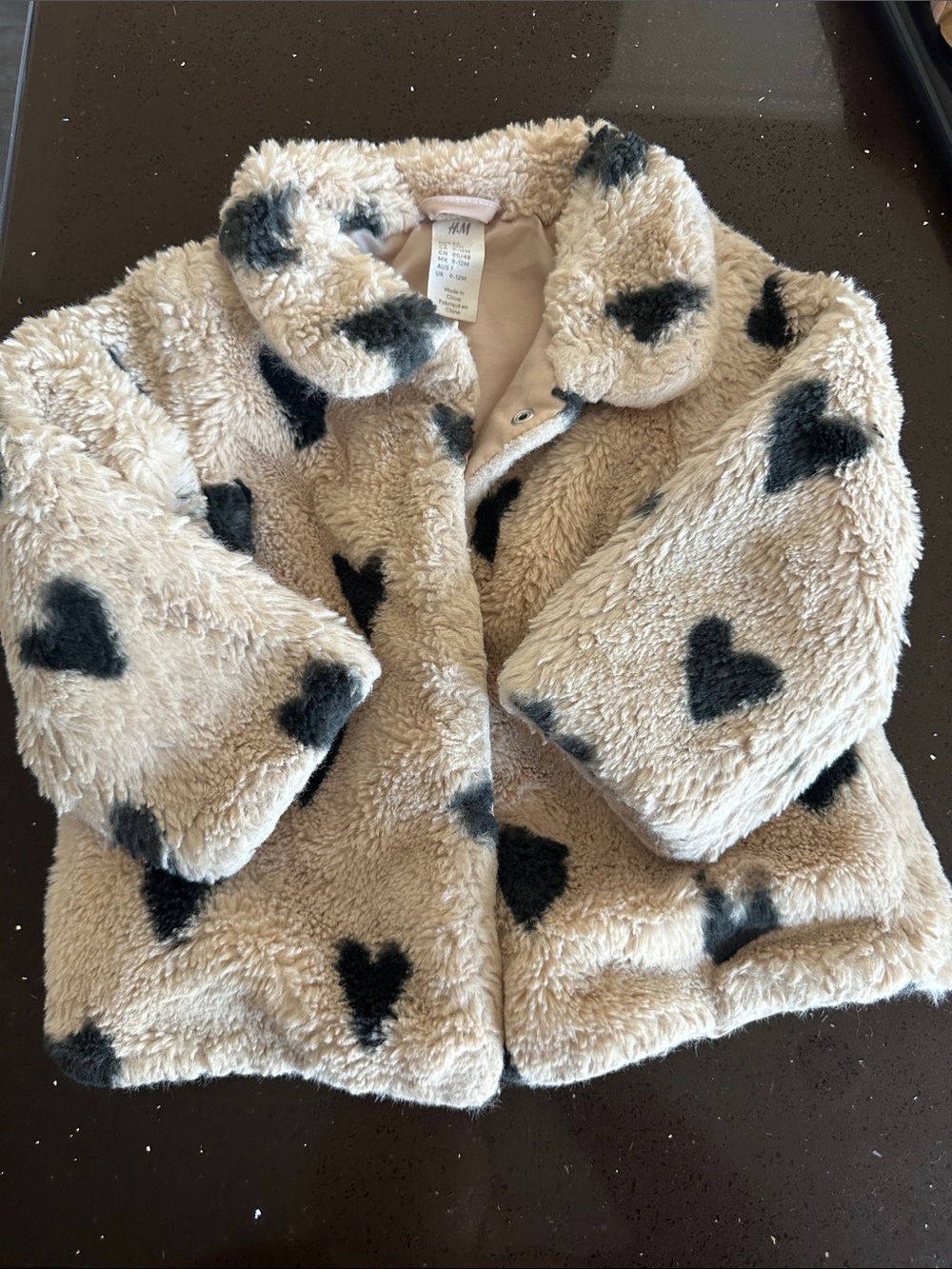 H&M Kids Beige Faux Fur Jacket with Black Heart Print